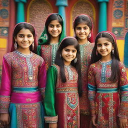 A group of Pakistani girls wearing traditional clothing, standing together and smiling