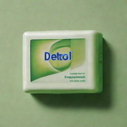 A portrait of a Dettol soap bar with notable details highlighting its fresh and clean look