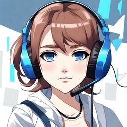 A detailed anime-style illustration of a girl with brown hair and blue eyes wearing a gaming headset