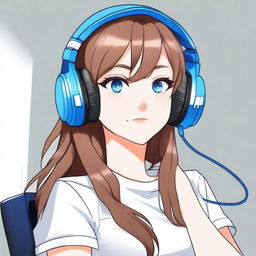 A detailed anime-style illustration of a girl with brown hair and blue eyes wearing a gaming headset