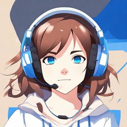 A detailed anime-style illustration of a girl with brown hair and blue eyes wearing a gaming headset