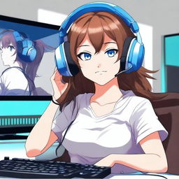 A detailed anime-style illustration of a girl with brown hair and blue eyes wearing a gaming headset