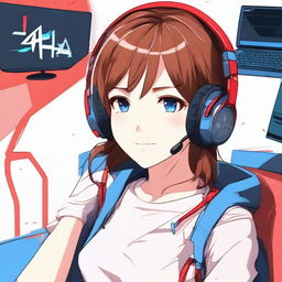 A detailed anime-style illustration of a girl with brown hair and blue eyes wearing a red gaming headset