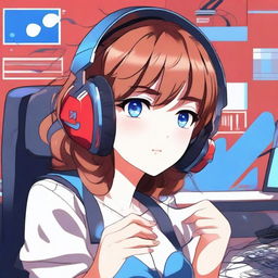 A detailed anime-style illustration of a girl with brown hair and blue eyes wearing a red gaming headset