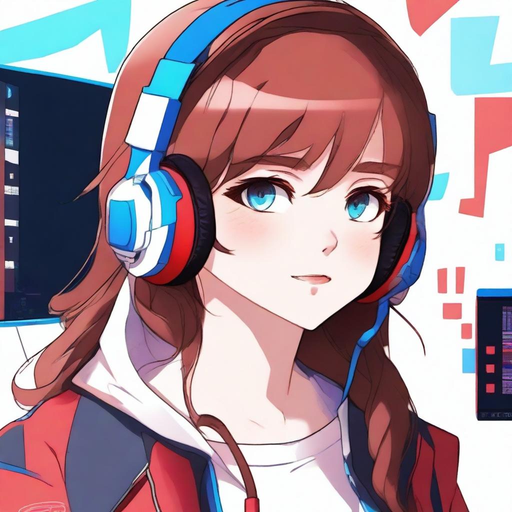 A detailed anime-style illustration of a girl with brown hair and blue eyes wearing a red gaming headset