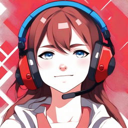 A detailed anime-style illustration of a girl with brown hair and blue eyes wearing a red gaming headset