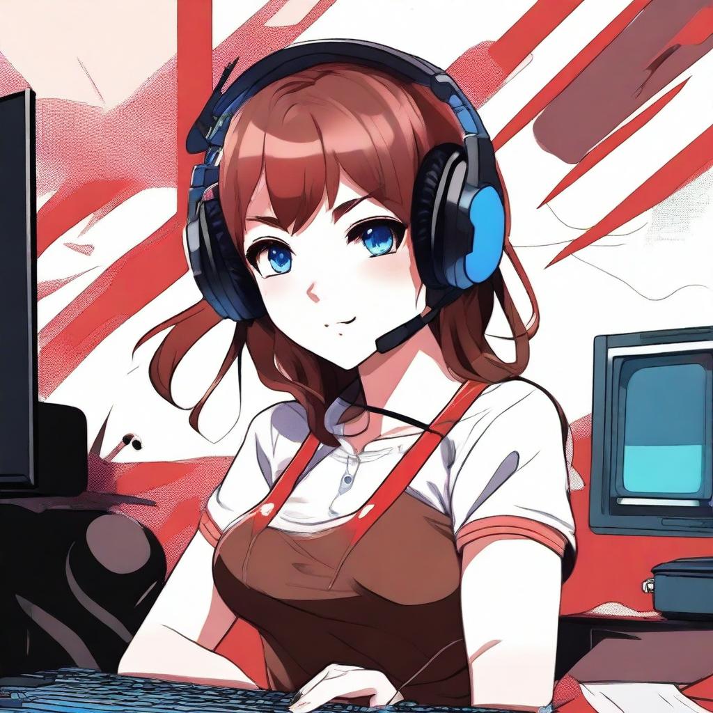 A detailed anime-style illustration of a girl with brown hair and blue eyes wearing a red and black gaming headset