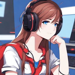 A detailed anime-style illustration of a girl with brown hair and blue eyes wearing a red and black gaming headset