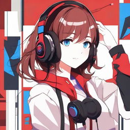 A detailed anime-style illustration of a girl with brown hair and blue eyes wearing a red and black gaming headset