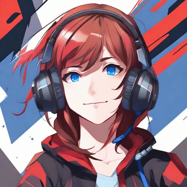 A detailed anime-style illustration of a girl with brown hair and blue eyes wearing a red and black gaming headset