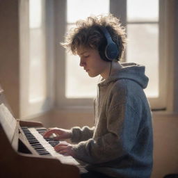 An in-depth sketch of a disheveled-haired boy playing an organ, with headphones on his ears and a sweater. Ambient light reflects off the windows, emanating a certain sense of sadness.