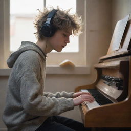 An in-depth sketch of a disheveled-haired boy playing an organ, with headphones on his ears and a sweater. Ambient light reflects off the windows, emanating a certain sense of sadness.