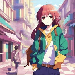 Create an anime-style image featuring a vibrant and dynamic scene with characters showcasing expressive emotions and intricate details in their clothing and surroundings