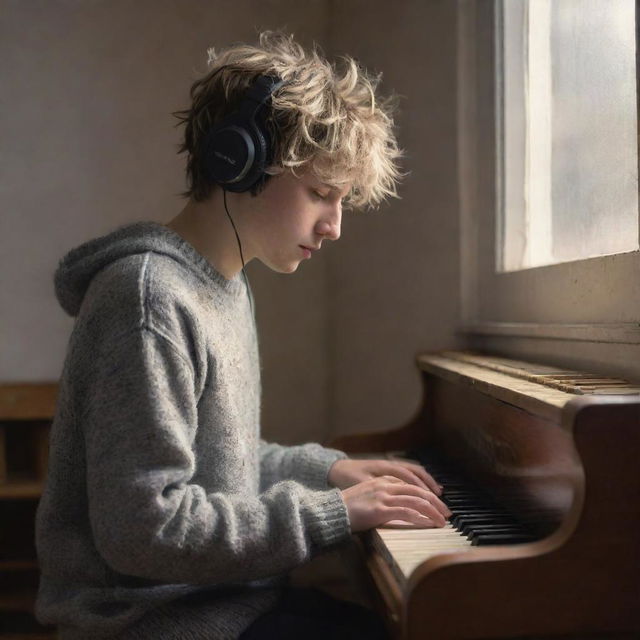 An in-depth sketch of a disheveled-haired boy playing an organ, with headphones on his ears and a sweater. Ambient light reflects off the windows, emanating a certain sense of sadness.