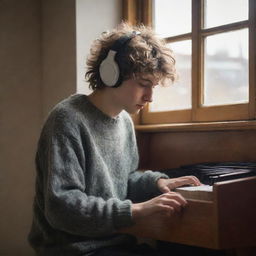 An in-depth sketch of a disheveled-haired boy playing an organ, with headphones on his ears and a sweater. Ambient light reflects off the windows, emanating a certain sense of sadness.