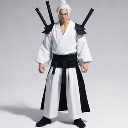 Anime style Samurai dressed in a white robe with black centrepiece. The Samurai wears similar dual-toned pants, wields three swords akin to Zoro, and sports Goku's iconic white hair. Stand him beside Gabimaru.