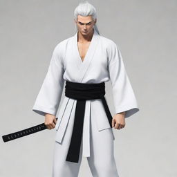 Anime style Samurai dressed in a white robe with black centrepiece. The Samurai wears similar dual-toned pants, wields three swords akin to Zoro, and sports Goku's iconic white hair. Stand him beside Gabimaru.