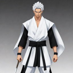 Anime style Samurai dressed in a white robe with black centrepiece. The Samurai wears similar dual-toned pants, wields three swords akin to Zoro, and sports Goku's iconic white hair. Stand him beside Gabimaru.