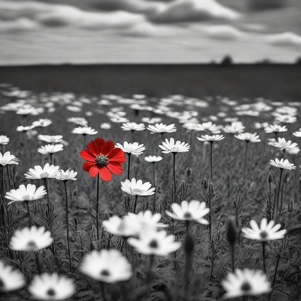 A black and white field of flowers with one brightly colored flower standing out in the center of the field