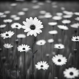 A black and white field of flowers with one brightly colored flower standing out in the center of the field