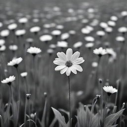 A black and white field of flowers with one brightly colored flower standing out in the center of the field