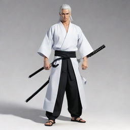 Anime style Samurai dressed in a white robe with black centrepiece. The Samurai wears similar dual-toned pants, wields three swords akin to Zoro, and sports Goku's iconic white hair. Stand him beside Gabimaru.