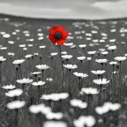 A black and white field of flowers with one brightly colored flower standing out in the center of the field