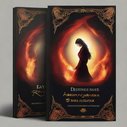 Create a black book cover with the title 'Destined Flames: A Tale of the Dragon King and the Fairy Princess