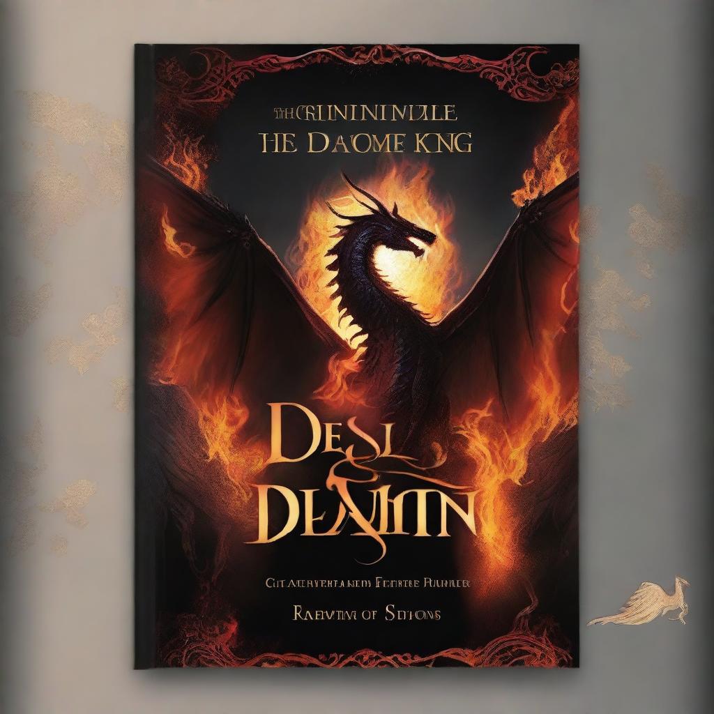 Create a black book cover with the title 'Destined Flames: A Tale of the Dragon King and the Fairy Princess