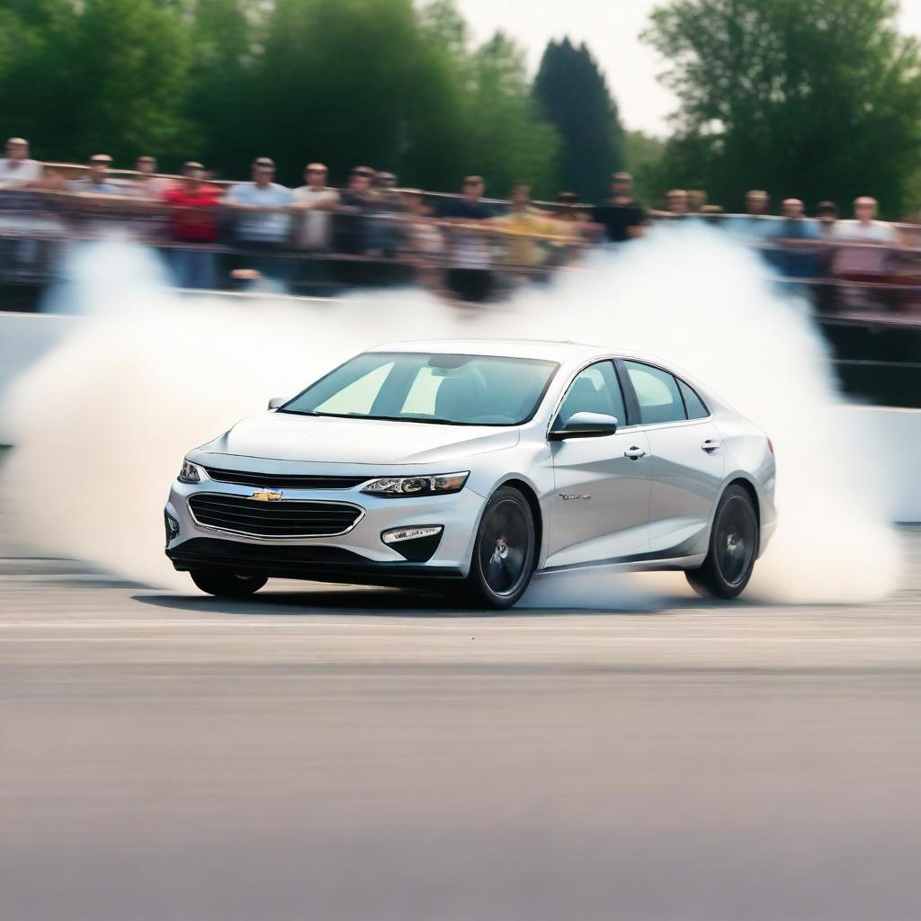 A silver 2018 Chevrolet Malibu is captured in the midst of an exciting drift