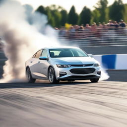 A silver 2018 Chevrolet Malibu is captured in the midst of an exciting drift