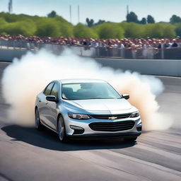 A silver 2018 Chevrolet Malibu is captured in the midst of an exciting drift