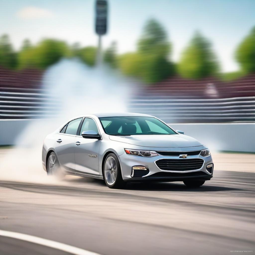 A silver 2018 Chevrolet Malibu is captured in the midst of an exciting drift