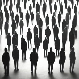 A single person standing in the center of a faceless crowd, conveying a sense of loneliness and isolation