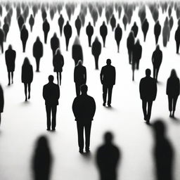 A single person standing in the center of a faceless crowd, conveying a sense of loneliness and isolation