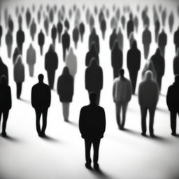 A single person standing in the center of a faceless crowd, conveying a sense of loneliness and isolation