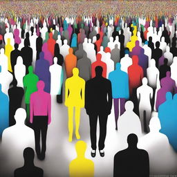 A bright, colorful individual standing out in a crowd of black and white faceless people