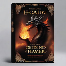 Create a black book cover with the title 'Destined Flames: A Tale of the Dragon King and the Fairy Princess