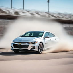 A silver 2018 Chevrolet Malibu is captured in the midst of an exciting drift, with a Jordanian license plate clearly visible on the front