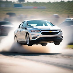 A silver 2018 Chevrolet Malibu is captured in the midst of an exciting drift, with a Jordanian license plate clearly visible on the front