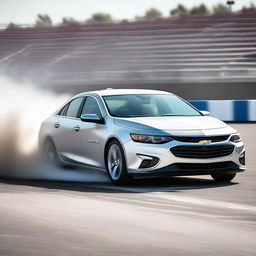 A silver 2018 Chevrolet Malibu is captured in the midst of an exciting drift, with a Jordanian license plate clearly visible on the front