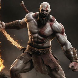 Kratos, the Greek god of war, in a dynamic pose as he stabs Zeus with his Blades of Chaos, depicting the epic showdown of deities