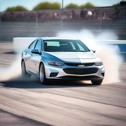 A silver 2018 Chevrolet Malibu is captured in the midst of an exciting drift, with a Jordanian license plate clearly visible on the front