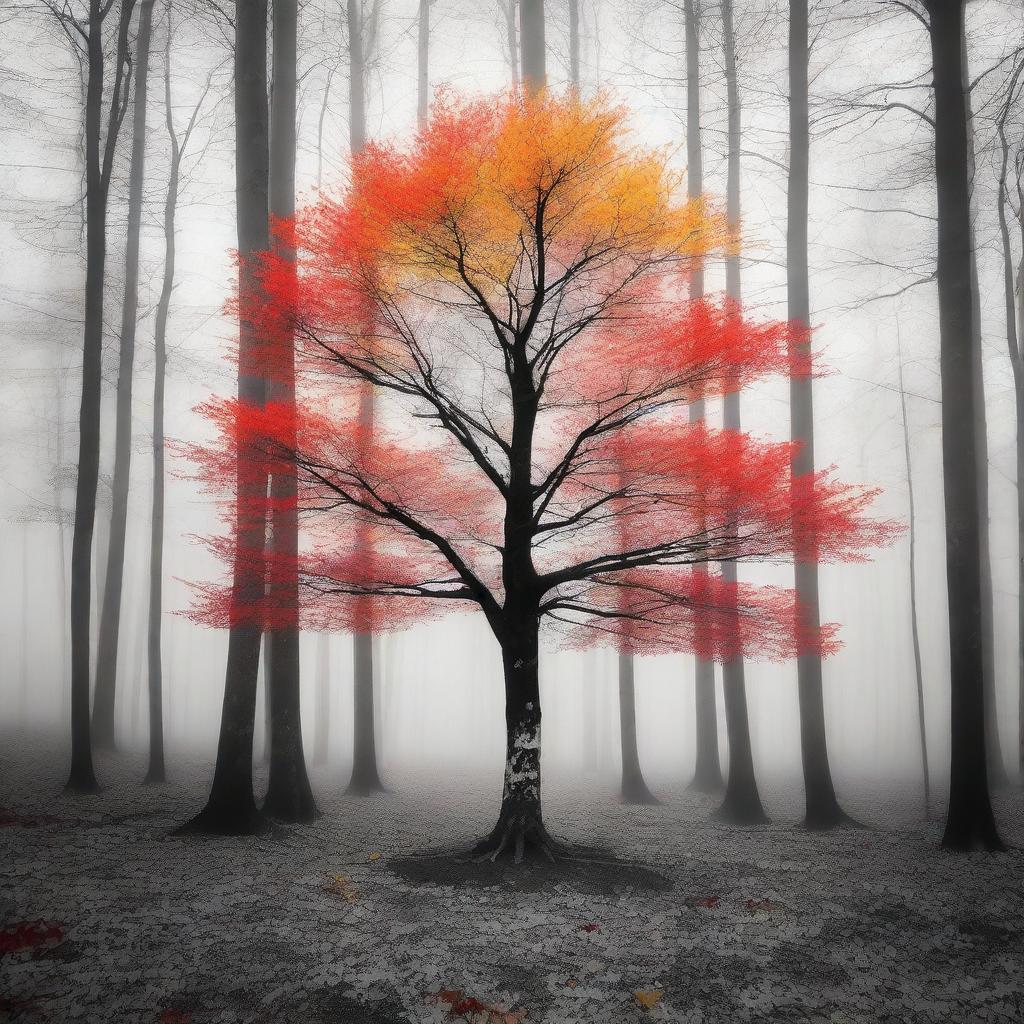 A bright, colorful tree standing out in a black and white forest