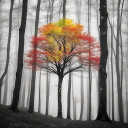 A bright, colorful tree standing out in a black and white forest