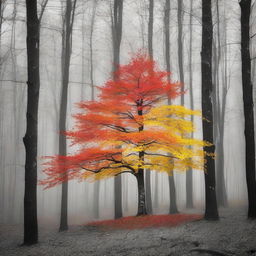 A bright, colorful tree standing out in a black and white forest