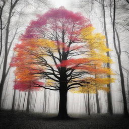 A bright, colorful tree standing out in a black and white forest