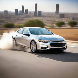 A silver 2018 Chevrolet Malibu is captured in the midst of an exciting drift, with a Jordanian license plate clearly visible on the front