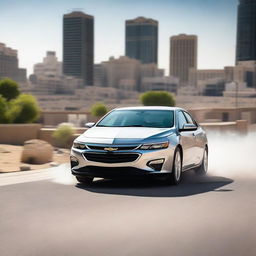 A silver 2018 Chevrolet Malibu is captured in the midst of an exciting drift, with a Jordanian license plate clearly visible on the front