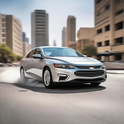 A silver 2018 Chevrolet Malibu is captured in the midst of an exciting drift, with a Jordanian license plate clearly visible on the front